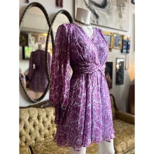 AMUR Twist-Front Dress Purple/Blue Printed Silk Chiffon Floral Dress Size 4
